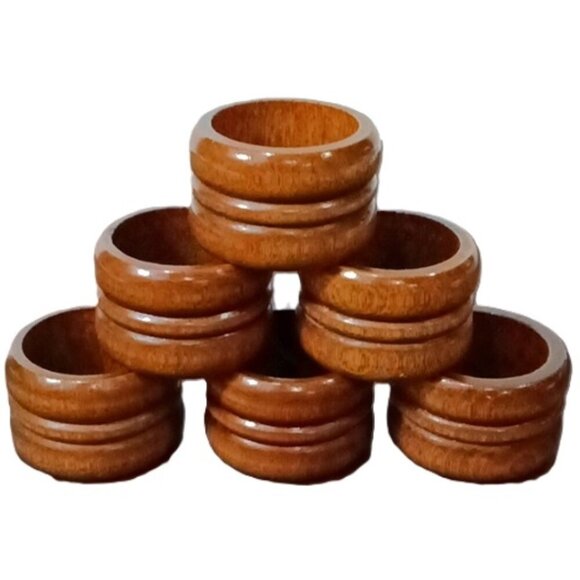 Vintage Set of 6 Dark Brown Wood Napkin Rings Scandinavian Design 1¾ Inch Diam. - Picture 1 of 6